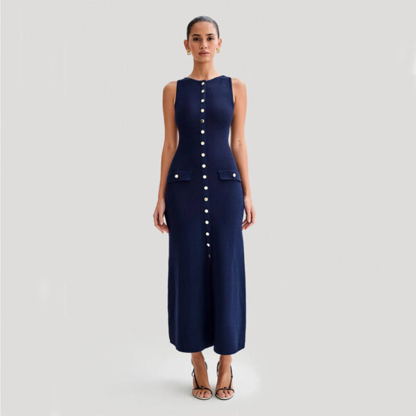 Buy Elegant Knitted Sleeveless Dress With Single Breast Fashion Slim Round Neck Long Dresses Womens Clothing - High-Quality & Affordable - Image 5
