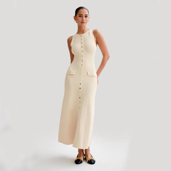 Buy Elegant Knitted Sleeveless Dress With Single Breast Fashion Slim Round Neck Long Dresses Womens Clothing - High-Quality & Affordable - Image 3
