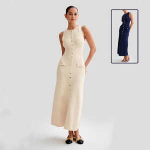 Buy Elegant Knitted Sleeveless Dress With Single Breast Fashion Slim Round Neck Long Dresses Womens Clothing - High-Quality & Affordable