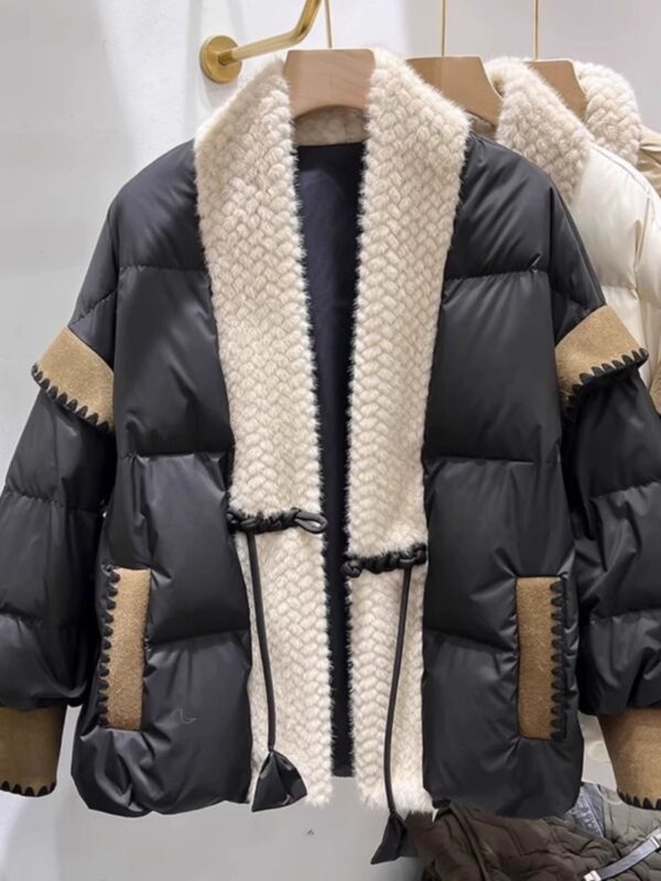 Buy V-neck Frog Button Stitching Furry Padded Down Jacket Cotton-padded Coat - High-Quality & Affordable - Image 2